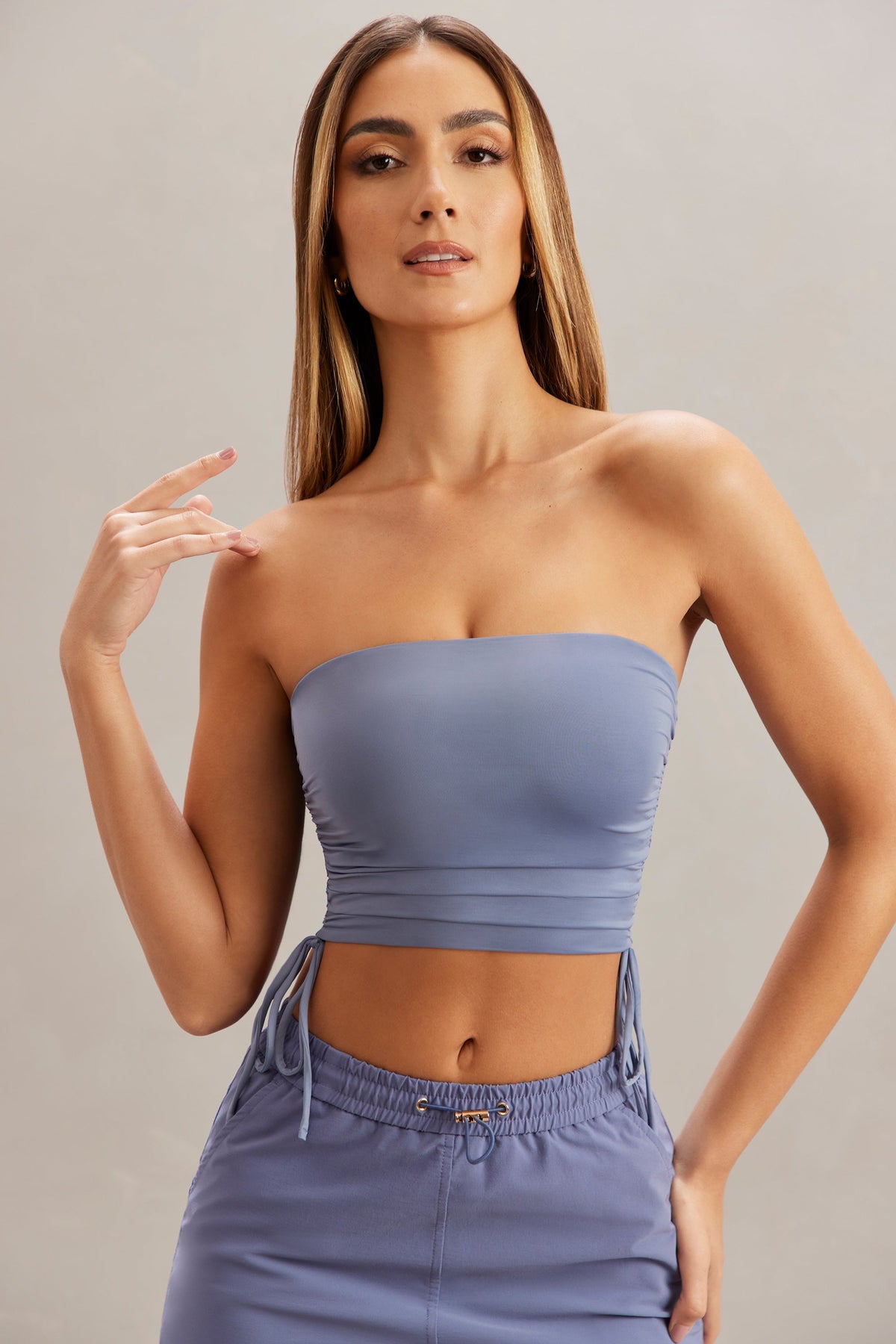Ruched Bandeau Crop Top in Blue