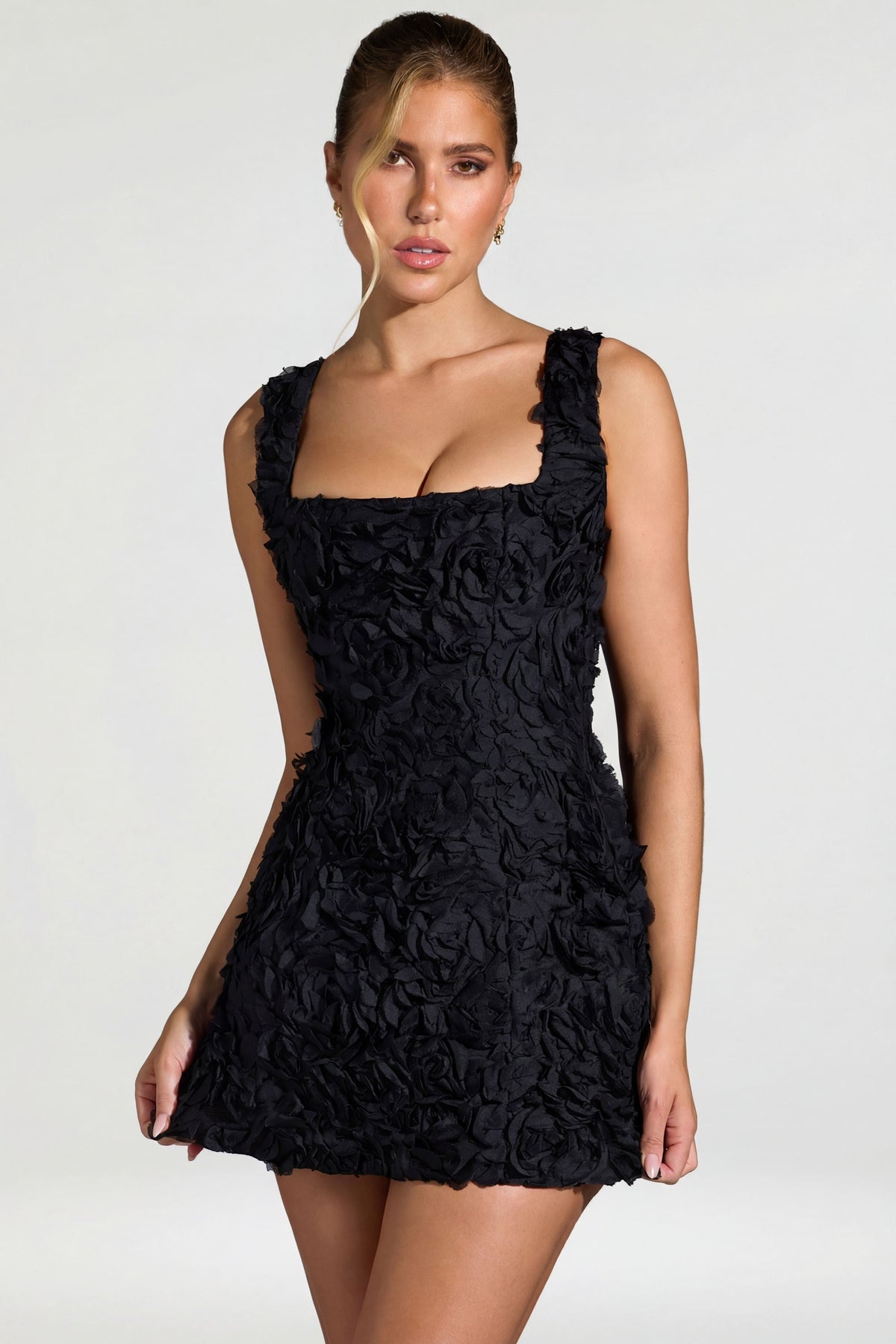 Floral-Appliqué Corset Mini Dress in Black