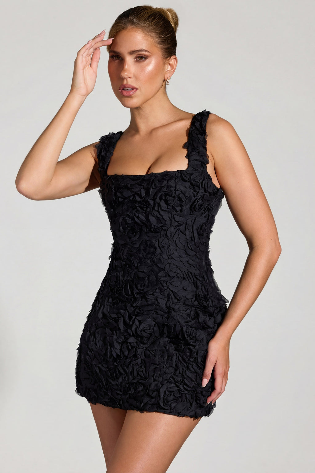 Floral-Appliqué Corset Mini Dress in Black