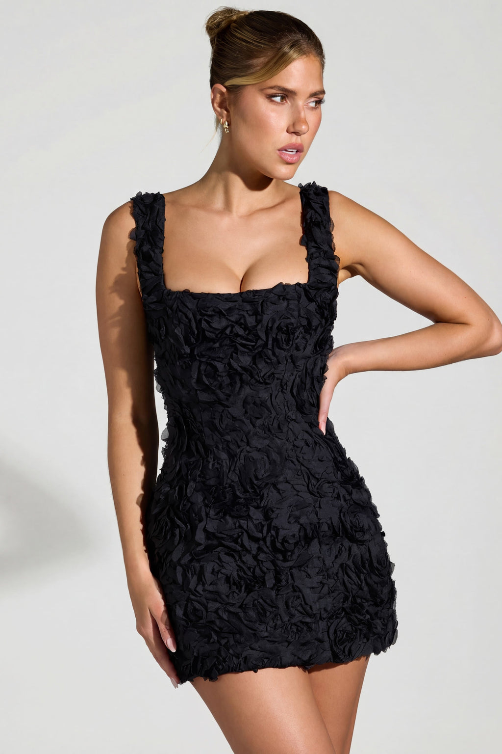 Floral-Appliqué Corset Mini Dress in Black