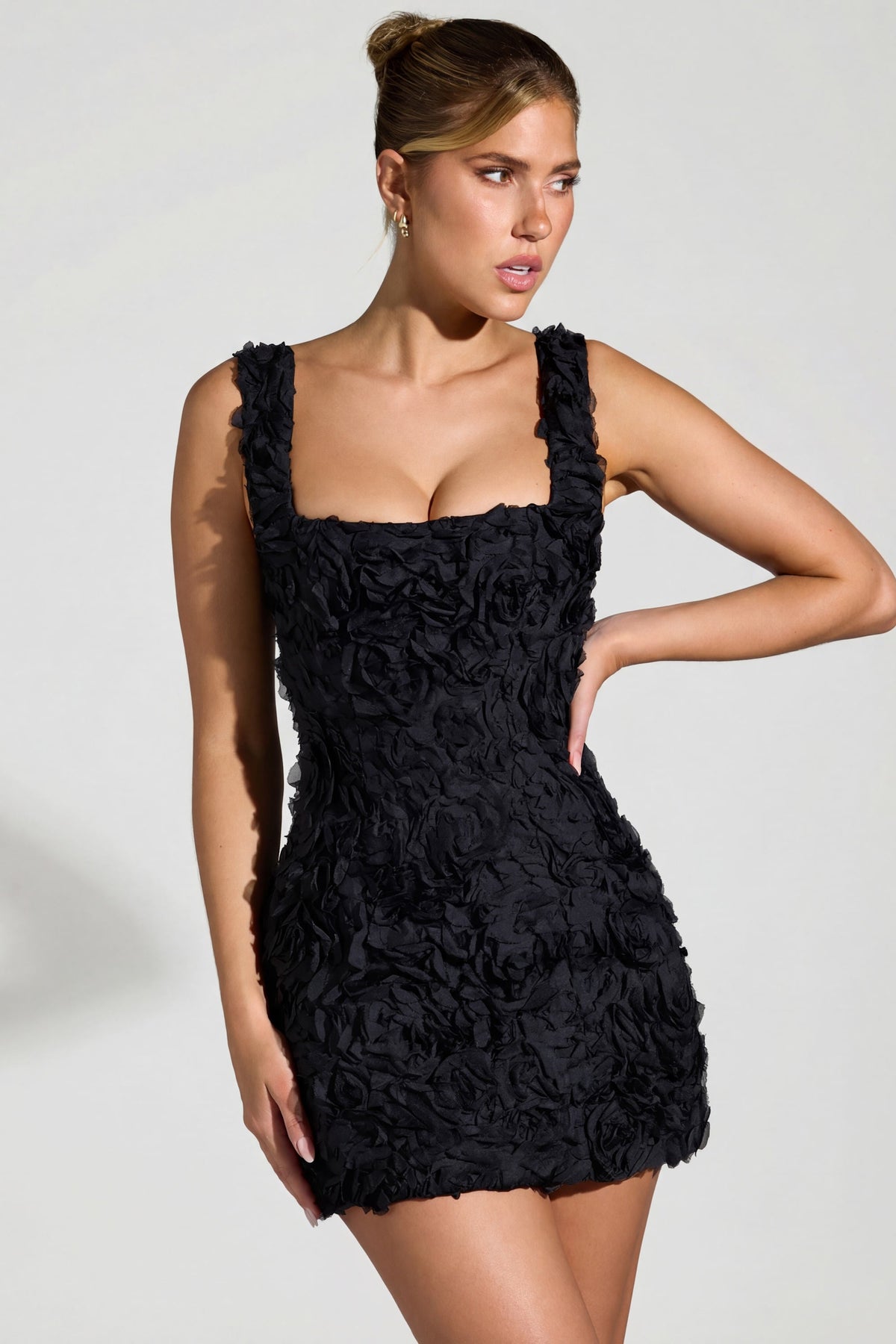 Floral-Appliqué Corset Mini Dress in Black