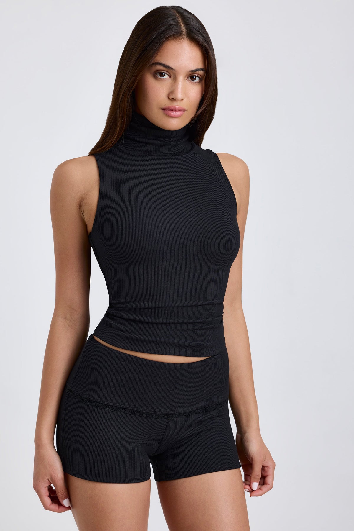 Ribbed Modal Mid-Rise Foldover Shorts in Black