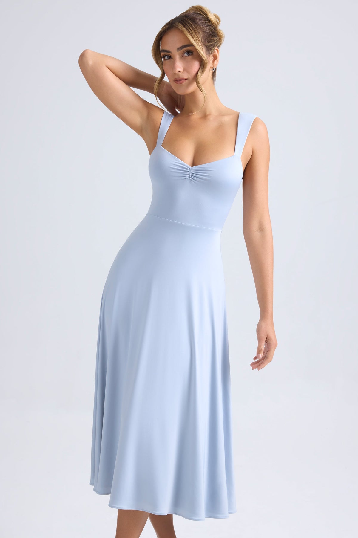 Sweetheart-Neck Ruched Midaxi Dress in Light Blue